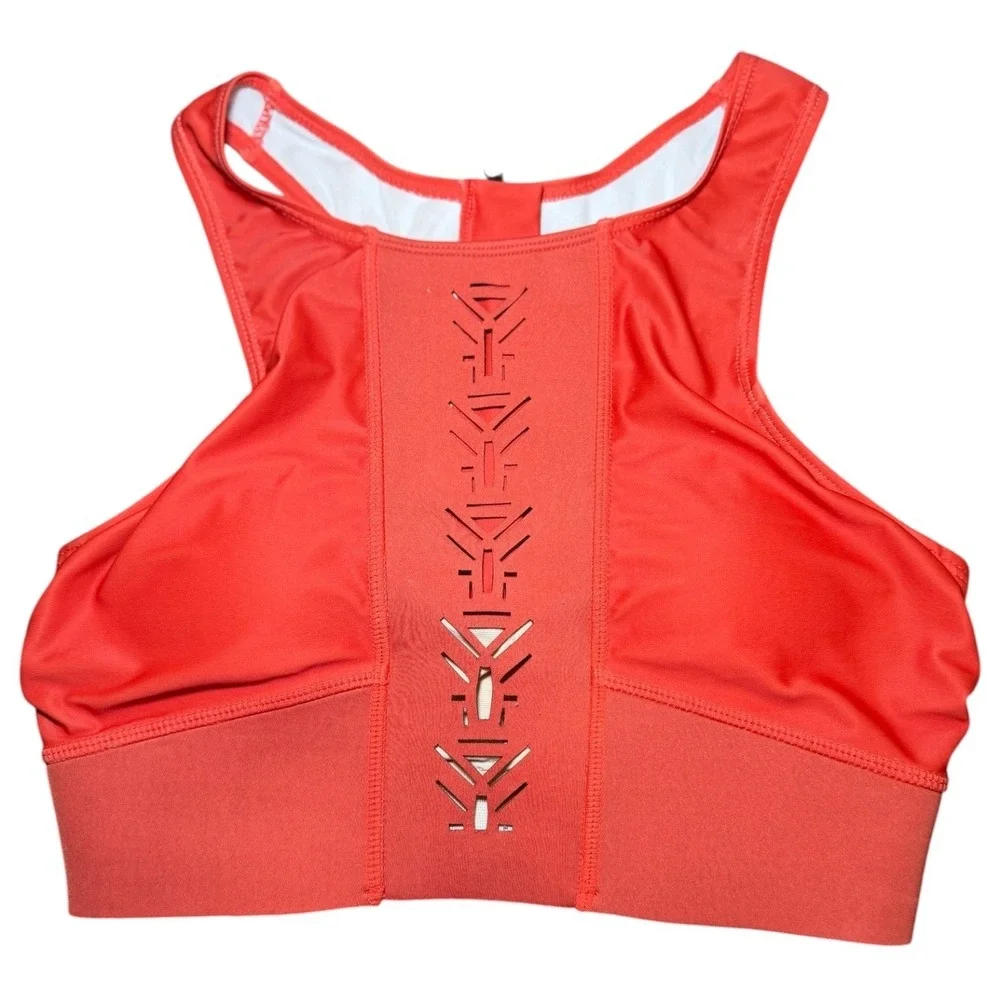 Nani Swimwear‎ Coral Orange Laser Cut High Neck Crop Bikini Top XS Back Zip